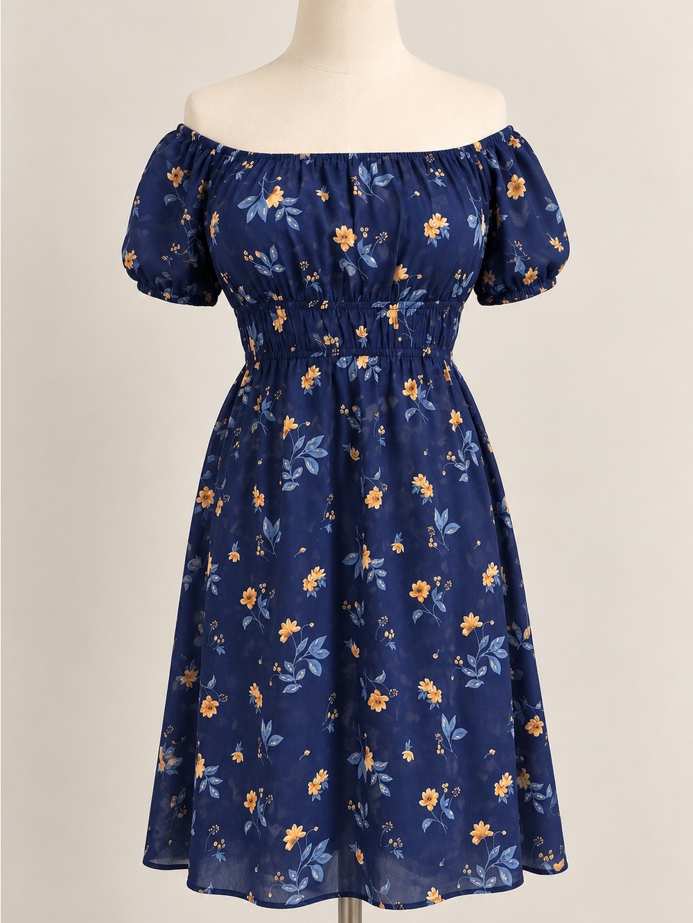 Navy Floral Off-Shoulder Summer Dress